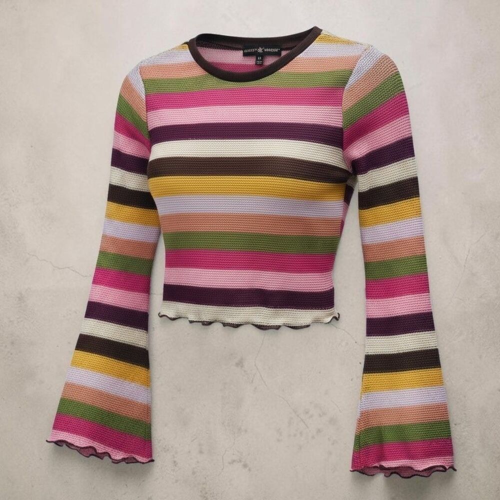 Almost Famous Cropped Sweater Juniors Medium Brown Pink Striped Lettuce Trim 70s